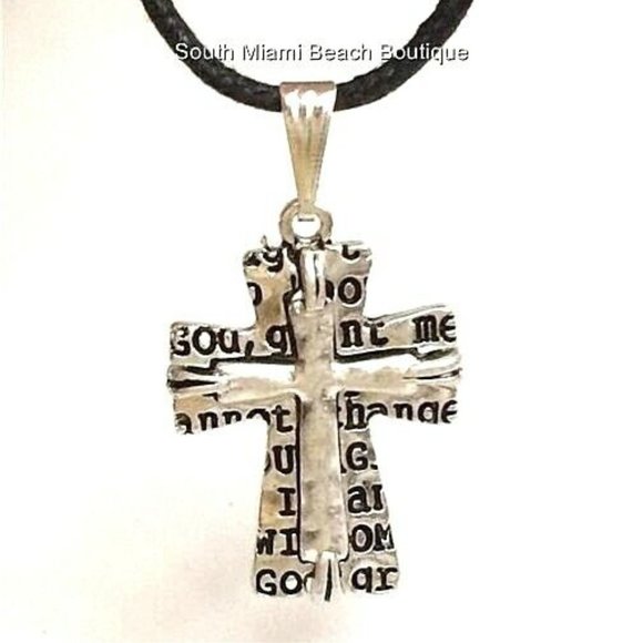 Serenity Prayer Necklace Silver Plated Message AA Al-Anon NA Pendant Black Cord - Picture 7 of 11